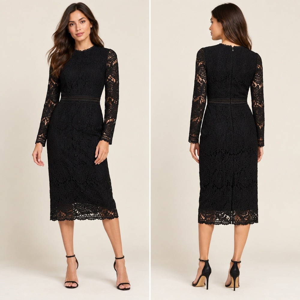 Love X Design Black Lace Midi Dress Long Sleeve Crochet Cocktail Wedding Guest L